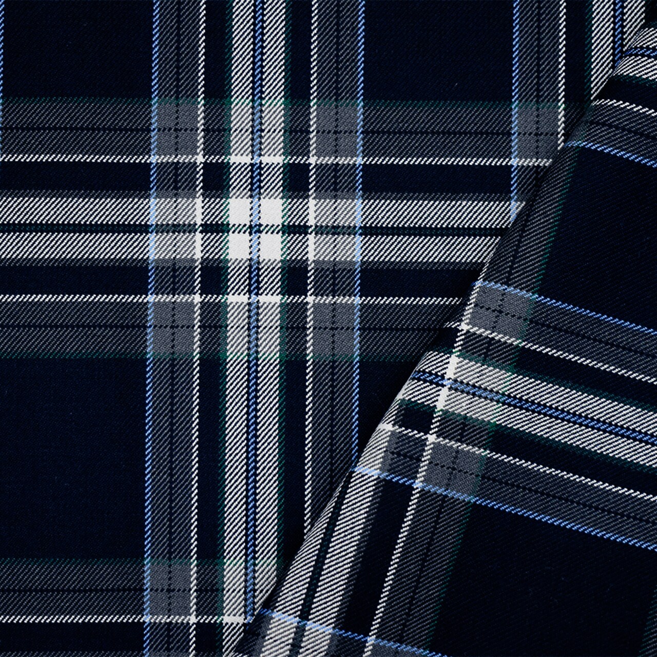 Dark Navy Blue-White-Multi Poly-Wool Plaid Twill Suiting Woven Fabric By the Yard